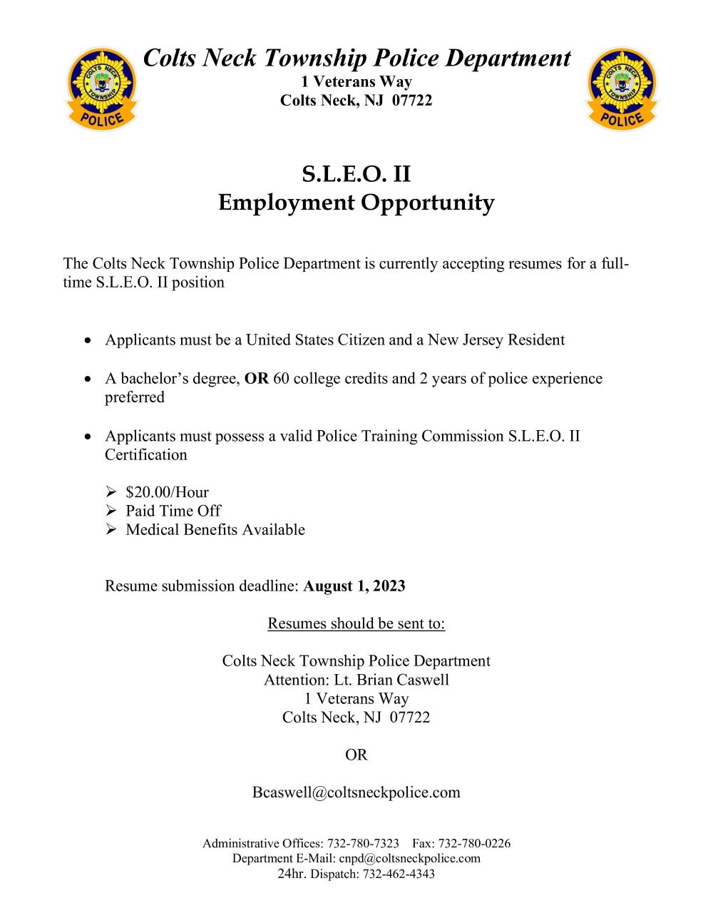 Colts Neck Police Department - Open position - Colts Neck Township
